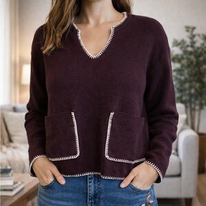 House of Harlow 1960 Cropped Sweater Medium Burgundy Contrast Trim